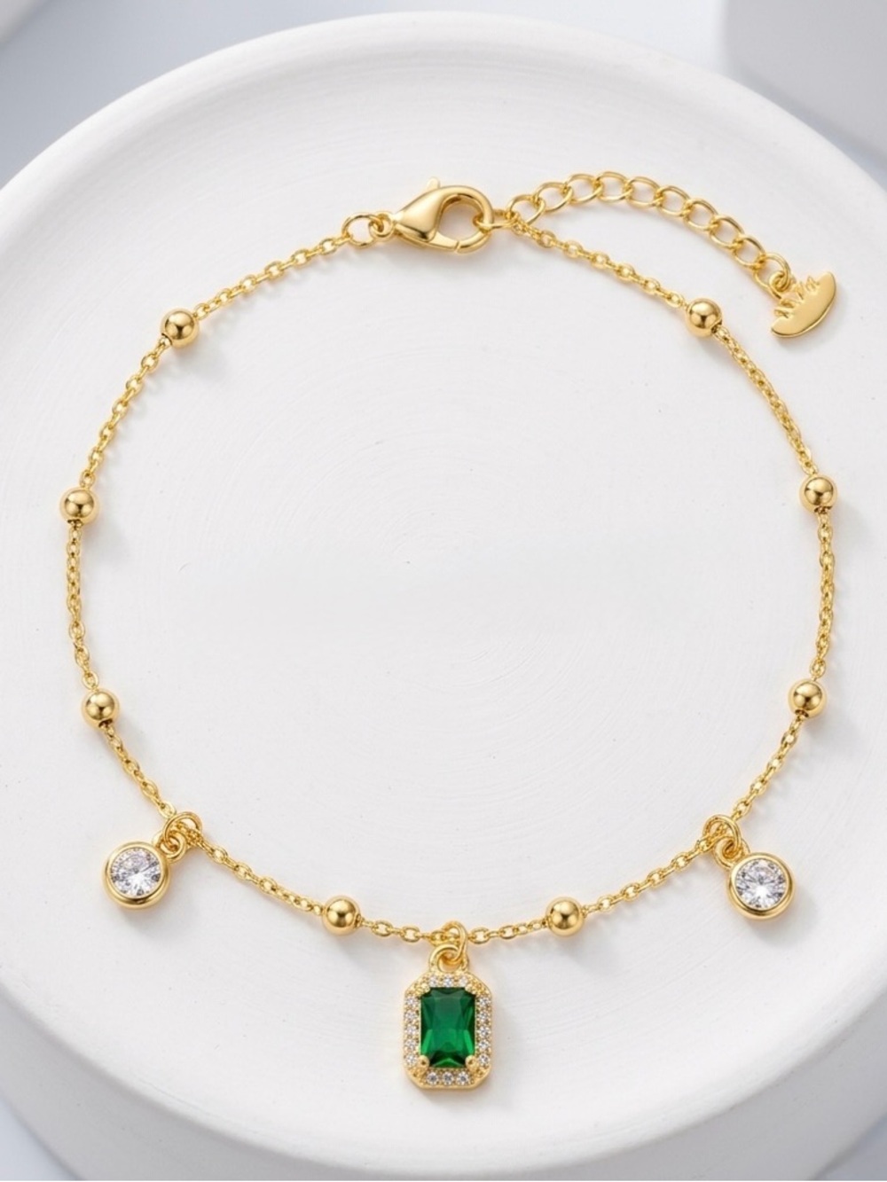 3/$40! Emerald Anklet 14k Gold Plated Luxury Jewelry